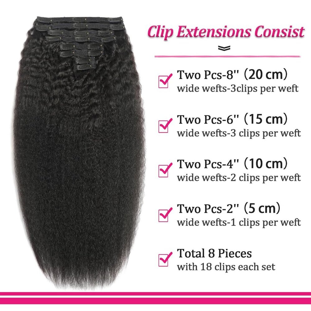 New 8PCS Kinky Straight Clip-in Human Hair Extensions 20" Natural Black Remy - Picture 2 of 9